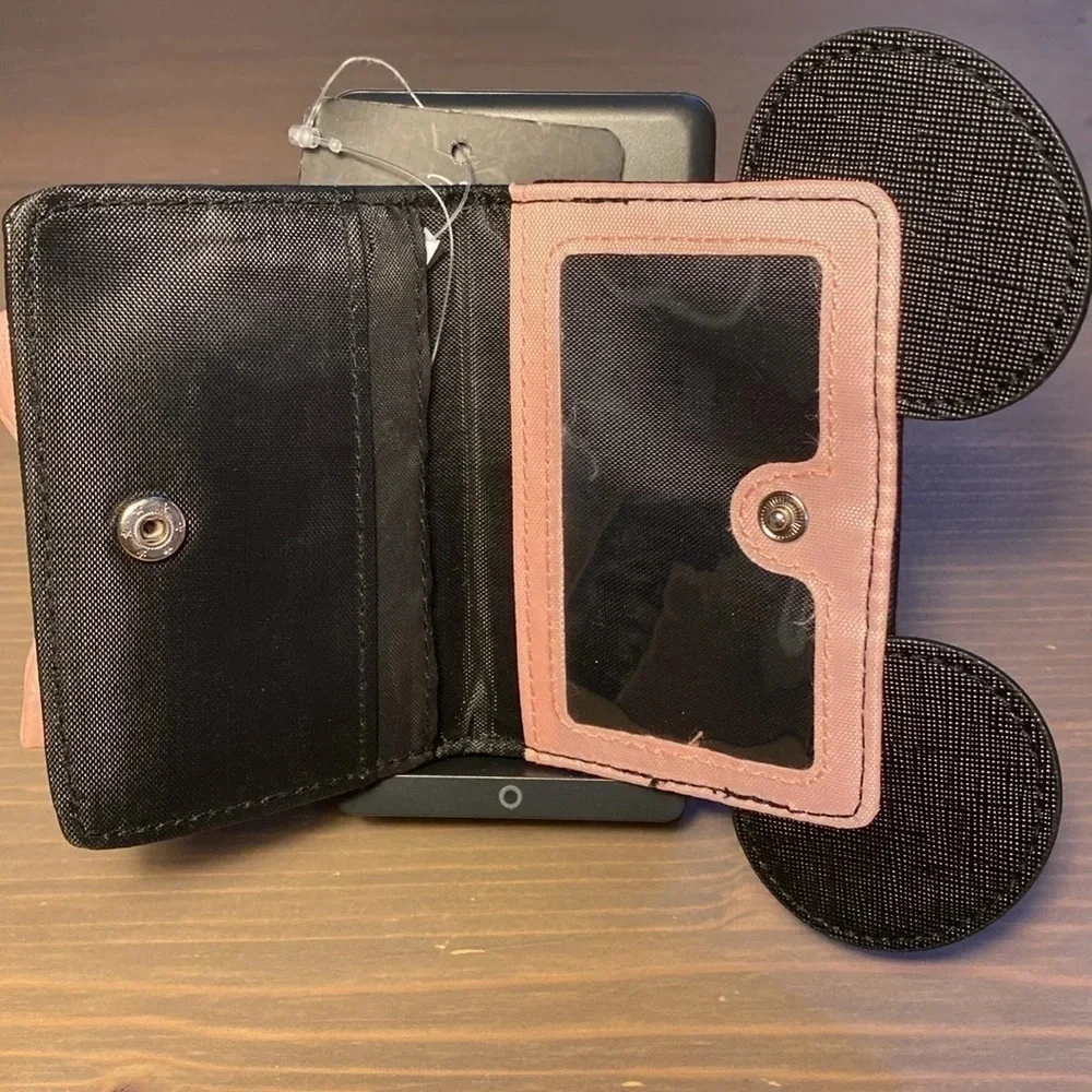 Disney Bioworld Minnie Mouse Card Holder Wallet Faux Leather Black Pink NWT